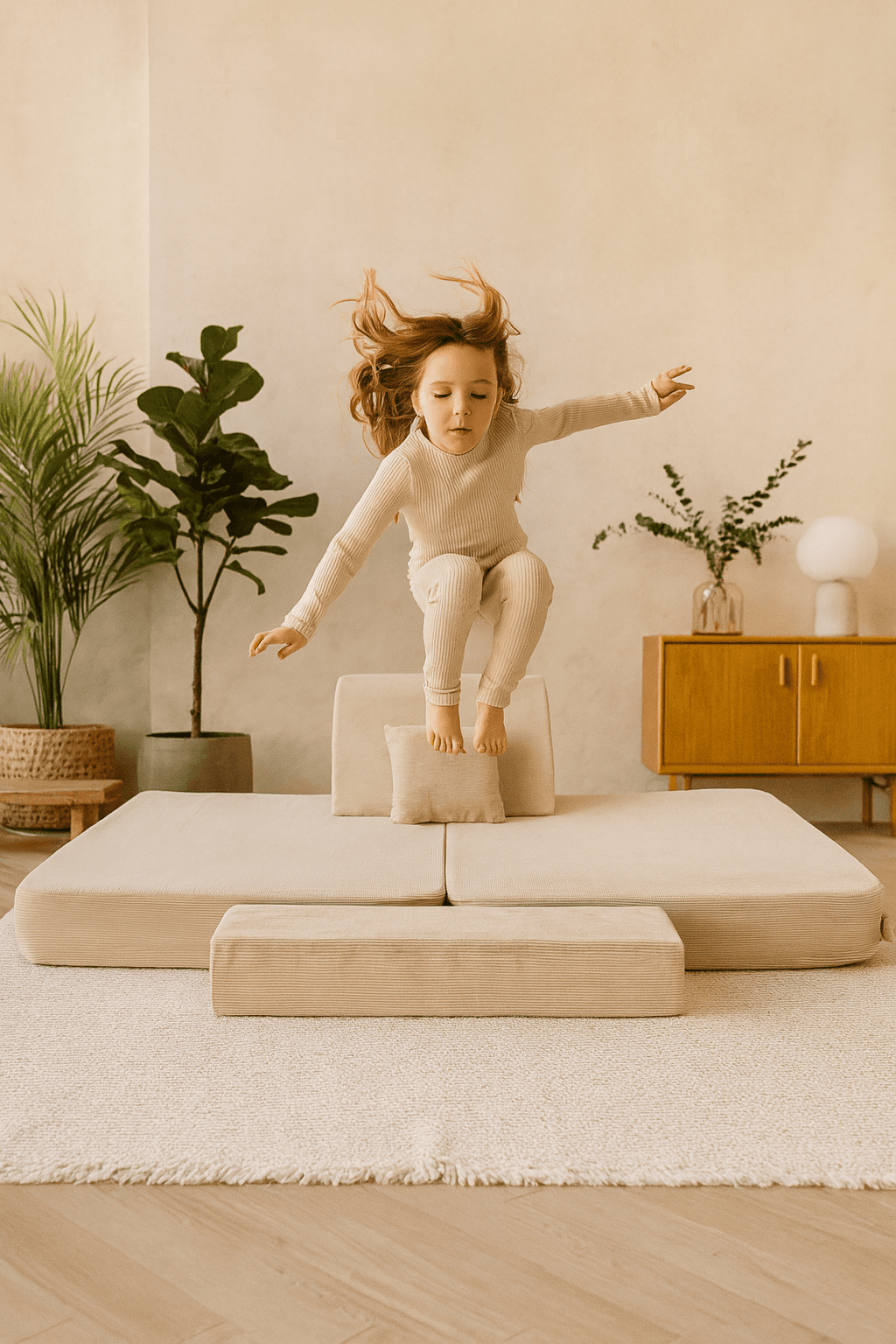 Child jumping on AngeLove modular sofa in a modern room